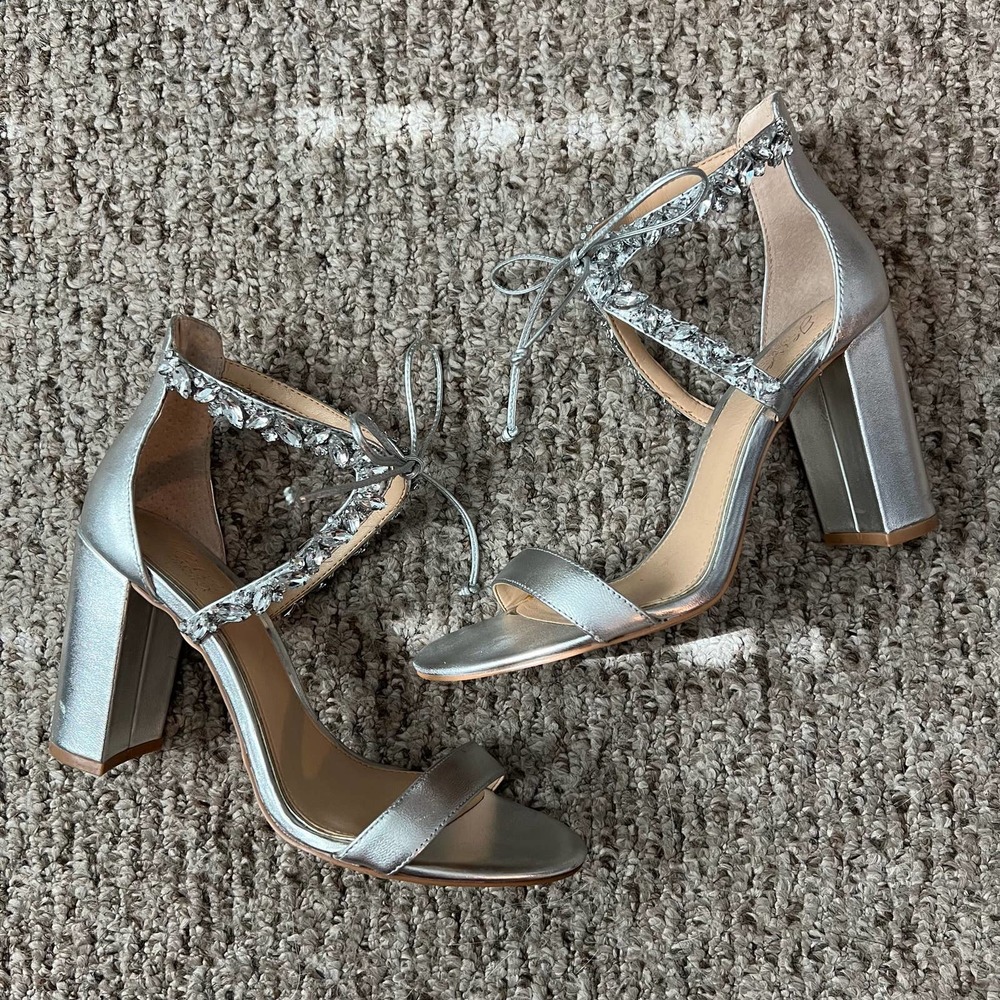 Badgley Mischka Silver Block Heel Sandals with Crystal Ankle Straps